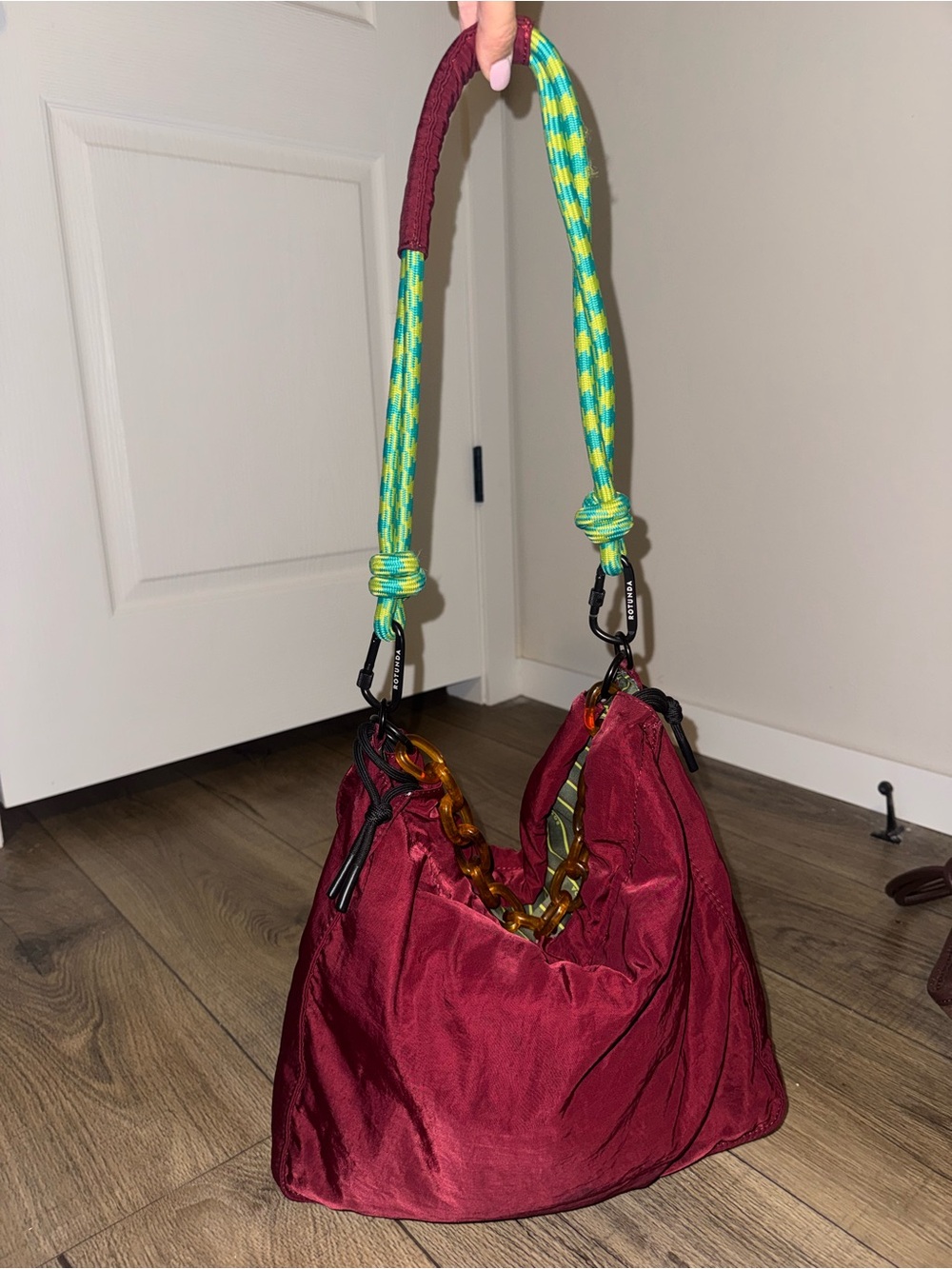 Rotunda Burgundy Shoulder Hobo Bag with Colorful Rope Strap